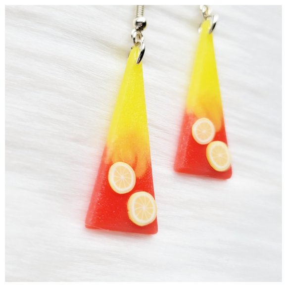 Strawberry Lemonade Earrings Yellow and Pinkish Red Lemon Dangle Earrings - Picture 3 of 10